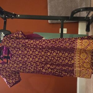 Purple/eggplant And Gold Patterned Churidar Suit